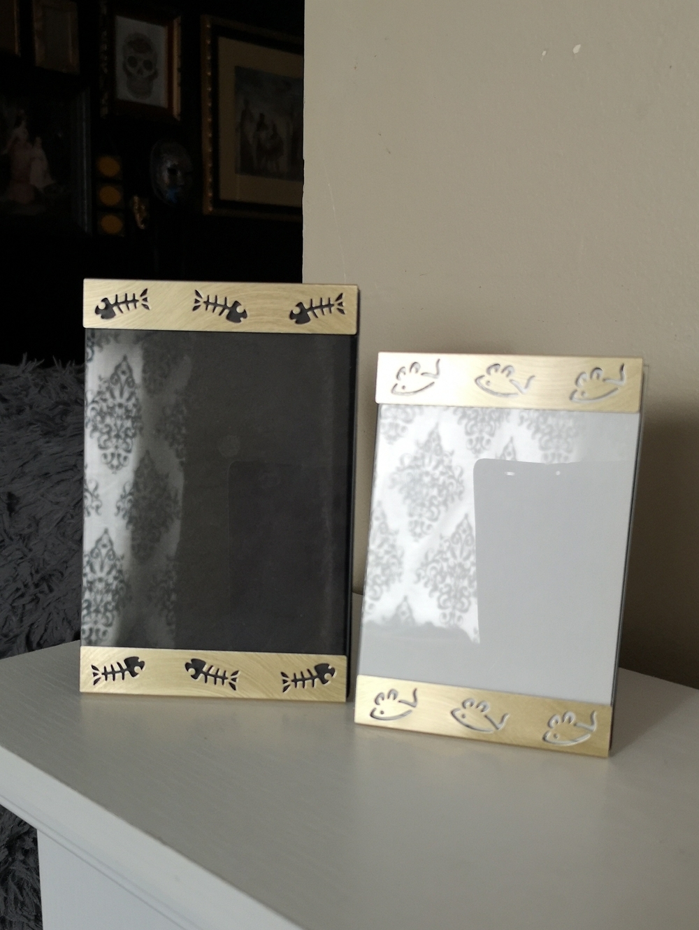 Set of Two Vintage Brass Cat Theme Photo Frames w Fish Bones and Mice